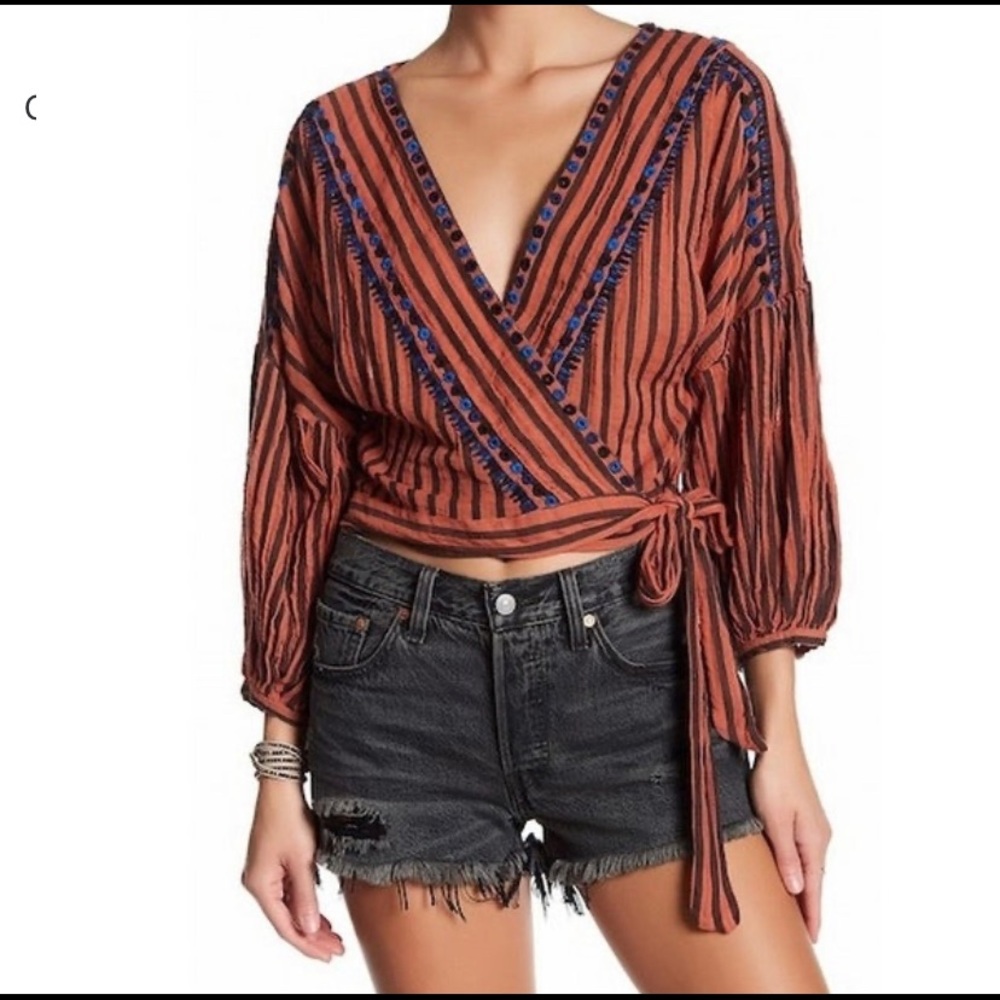 Free People Rust and Navy Striped Wrap Top